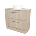 Timberline Taro floor standing vanity in light woodgrain, with SilkSurface top and white above counter basin, front view