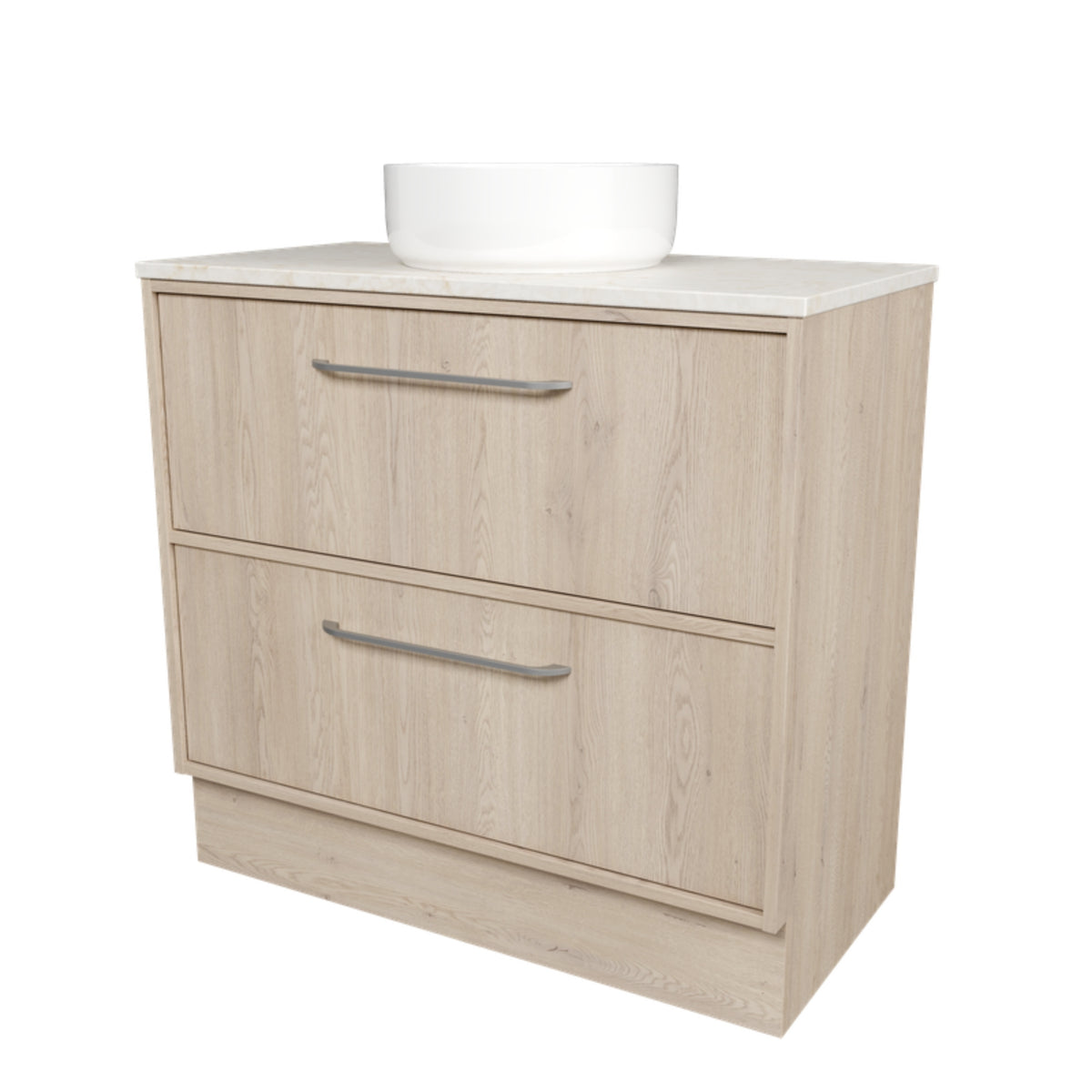 Timberline Taro floor standing vanity in light woodgrain, with SilkSurface top and white above counter basin, front view