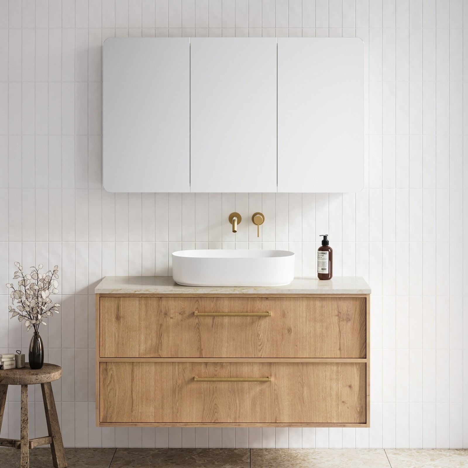 Timberline Taro wall hung vanity in woodgrain with SilkSurface top and white above counter basin, front view