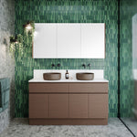 Timberline Taylor floor standing vanity in timber finish with white SilkSurface top and twin bowl basins in a bathroom setting