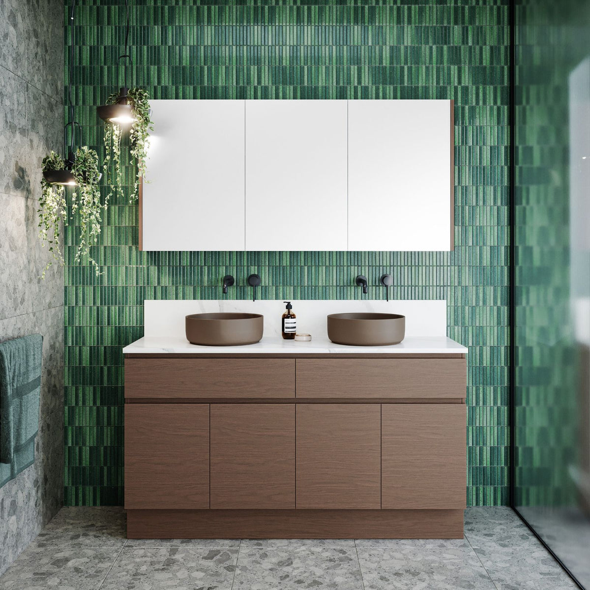 Timberline Taylor floor standing vanity in timber finish with white SilkSurface top and twin bowl basins in a bathroom setting