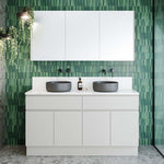 Timberline Taylor floor standing vanity in white, with SilkSurface top and twin round basins in a bathroom setting