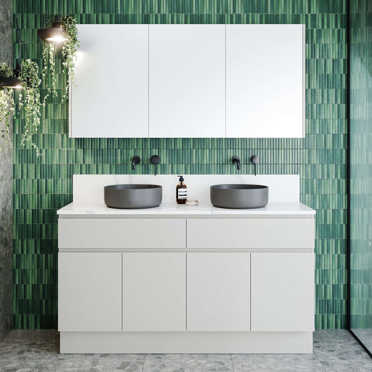 Timberline Taylor floor standing vanity in white, with SilkSurface top and twin round basins in a bathroom setting