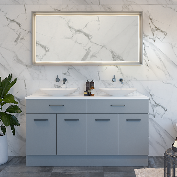 Timberline Taylor floor standing vanity in light grey with white SilkSurface top, twin basin look and black handles