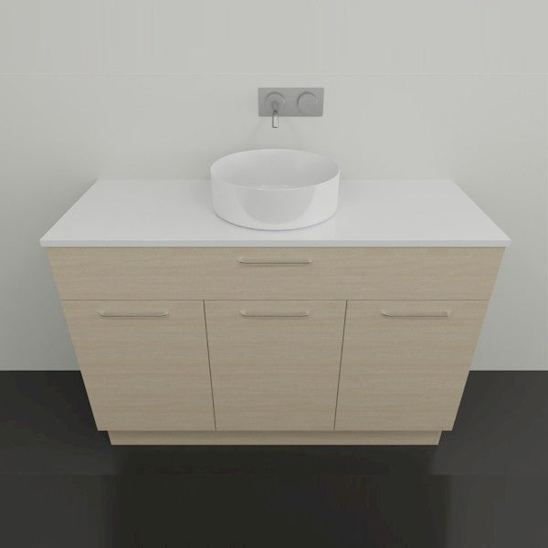 Timberline Taylor floor standing vanity with white SilkSurface top, round basin and light timber finish