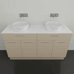 Timberline Taylor floor standing vanity in light wood finish with white top, double round basins and wall taps