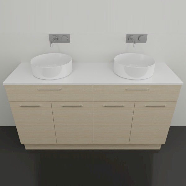 Timberline Taylor floor standing vanity in light wood finish with white top, double round basins and wall taps