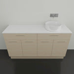 Timberline Taylor floor standing vanity with white SilkSurface top, light timber finish and right-side round basin