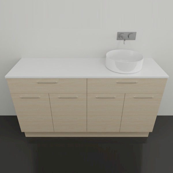 Timberline Taylor floor standing vanity with white SilkSurface top, light timber finish and right-side round basin