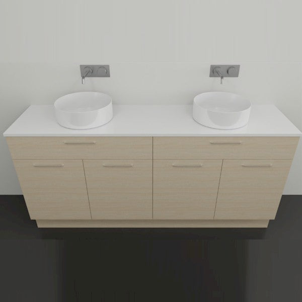 Timberline Taylor floor standing vanity with white SilkSurface top, double round basins and light timber finish