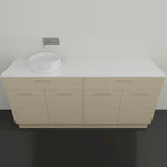Timberline Taylor floor standing vanity with white SilkSurface top, single round basin and light timber-look cabinet