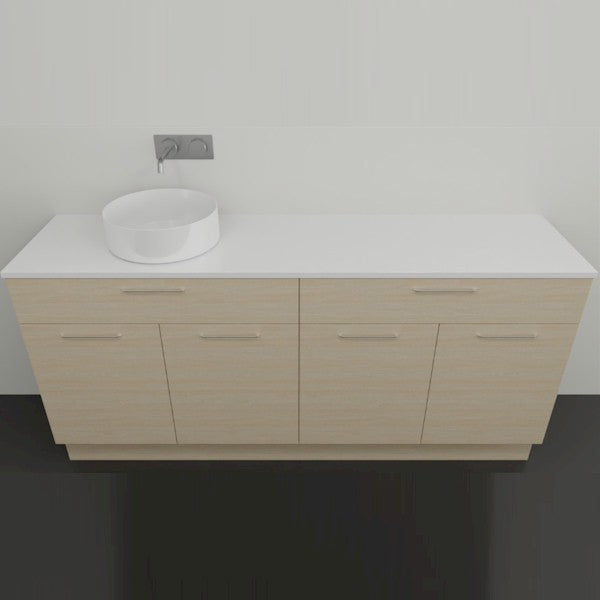 Timberline Taylor floor standing vanity with white SilkSurface top, single round basin and light timber-look cabinet