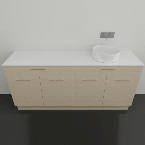 Timberline Taylor floor standing vanity with white SilkSurface top and round gloss white basin, light timber finish, front view
