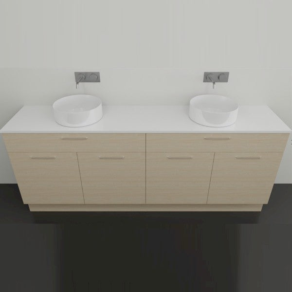 Timberline Taylor floor standing vanity with white SilkSurface top, light timber finish and double round basin sinks