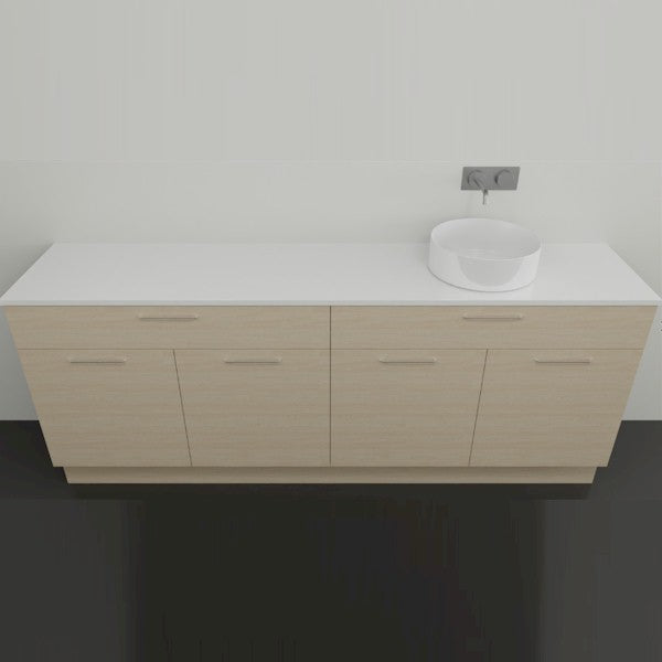 Timberline Taylor floor standing vanity with white SilkSurface top and round basin, light timber finish, front view