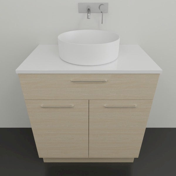 Timberline Taylor floor standing vanity with white SilkSurface top and round basin, light timber finish, front view
