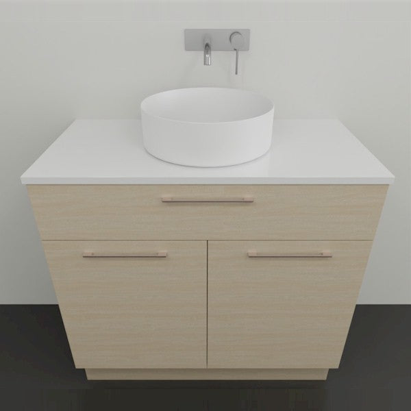 Timberline Taylor floor standing vanity with white SilkSurface top, round basin and light timber finish, front view