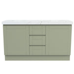 Timberline Victoria floor standing vanity in sage green, with white stone top and central shaker-style drawers, front view