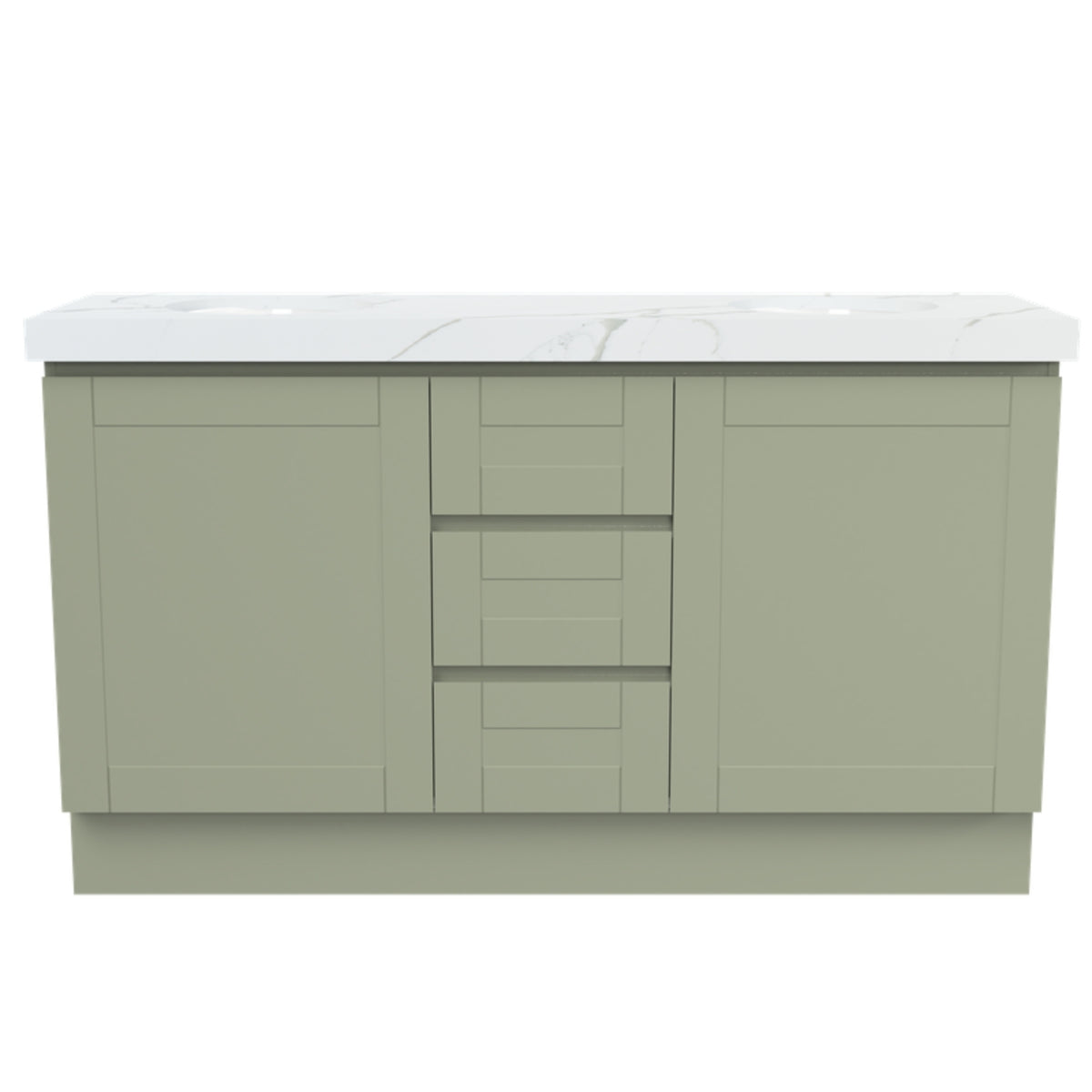 Timberline Victoria floor standing vanity in sage green, with white stone top and central shaker-style drawers, front view