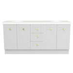 Timberline Victoria floor standing vanity in white gloss with brass knobs and dual under counter basins, front view
