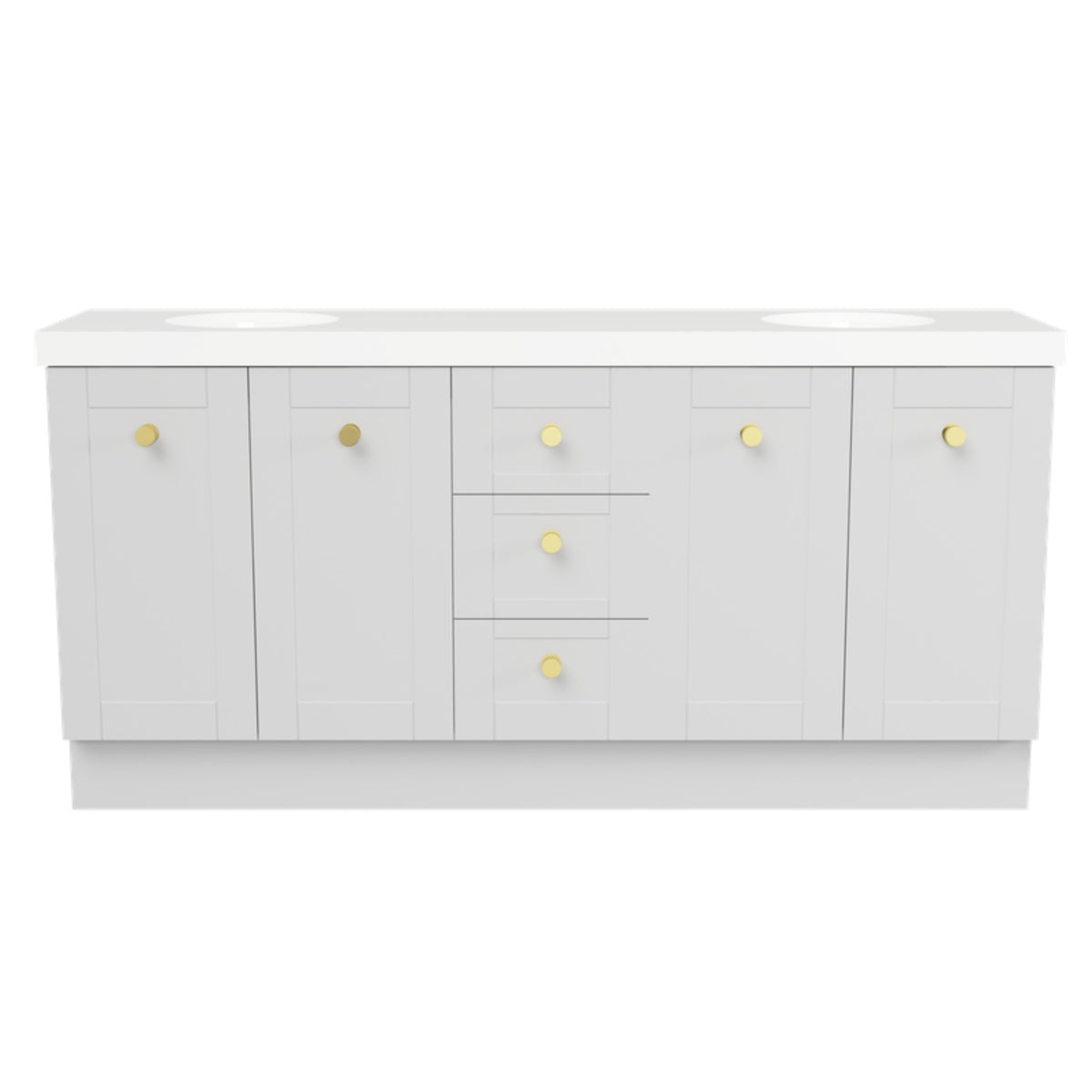 Timberline Victoria floor standing vanity in white gloss with brass knobs and dual under counter basins, front view