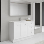 Timberline Victoria floor standing vanity in white satin with Alpha ceramic top and integrated basin, shown in a bathroom setting