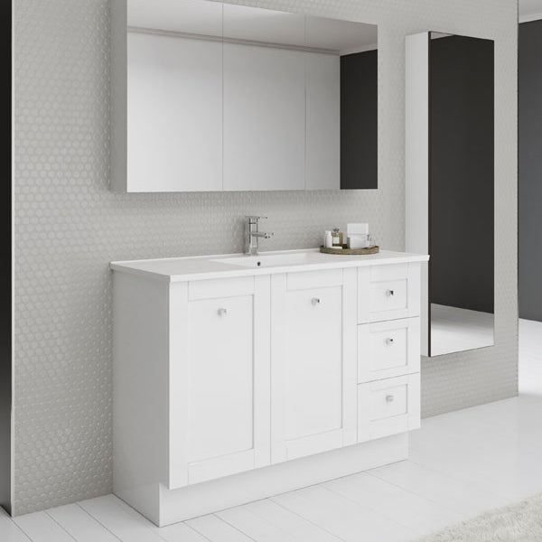 Timberline Victoria floor standing vanity in white satin with Alpha ceramic top and integrated basin, shown in a bathroom setting