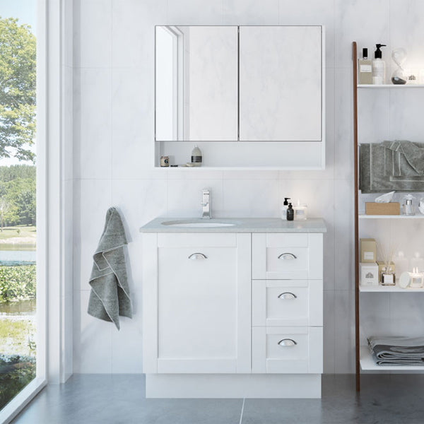 Timberline Victoria white floor standing vanity with grey top, under counter basin and mirrored shaving cabinet in bathroom setting