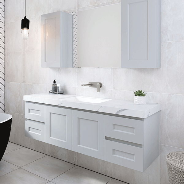 Timberline Victoria wall hung vanity in light grey with white benchtop and twin drawers in a bathroom setting