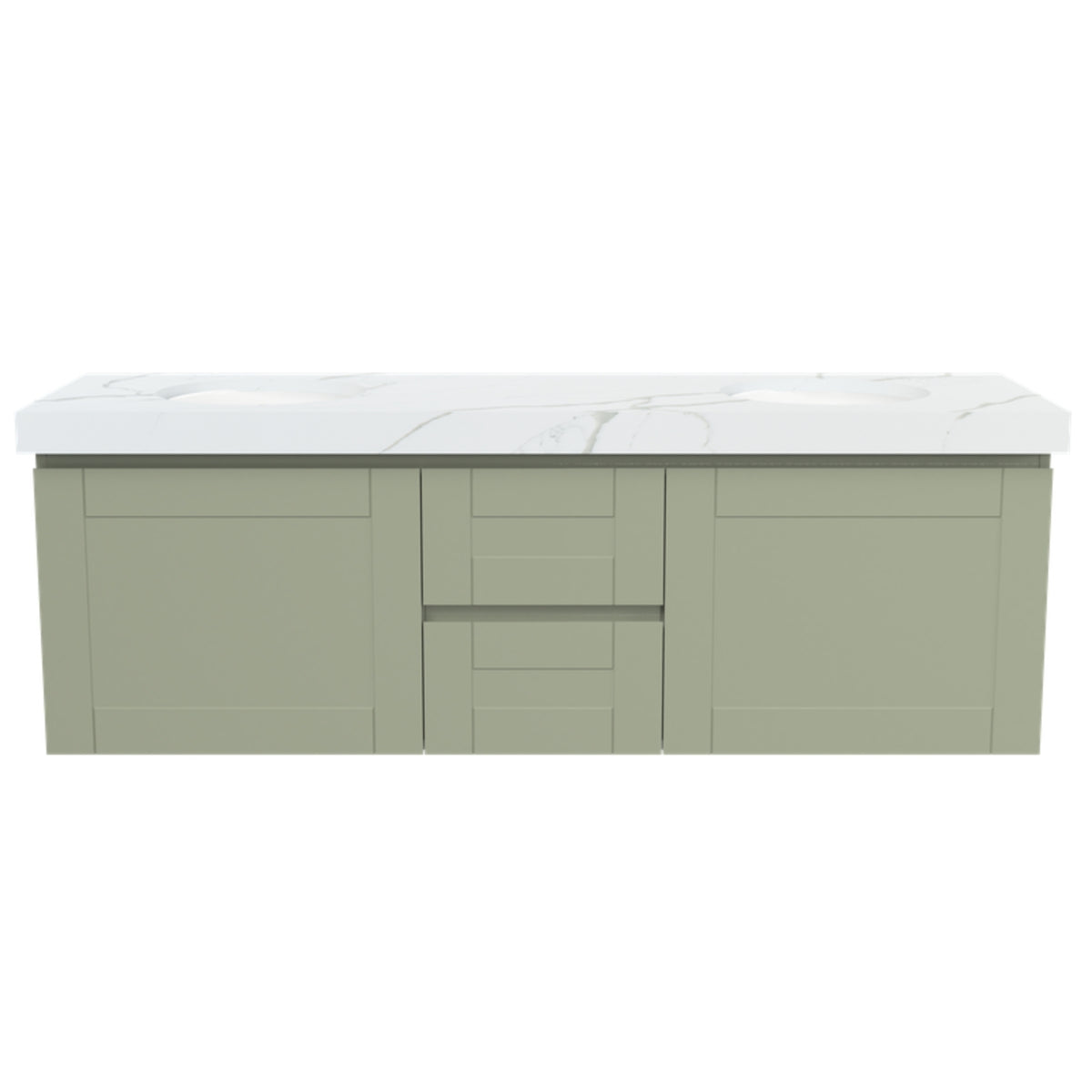 Timberline Victoria wall hung vanity in light grey with white marble-look Silksurface top, front view
