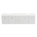 Timberline Victoria wall hung vanity in light grey with white benchtop, shaker-style doors and brass knobs, front view