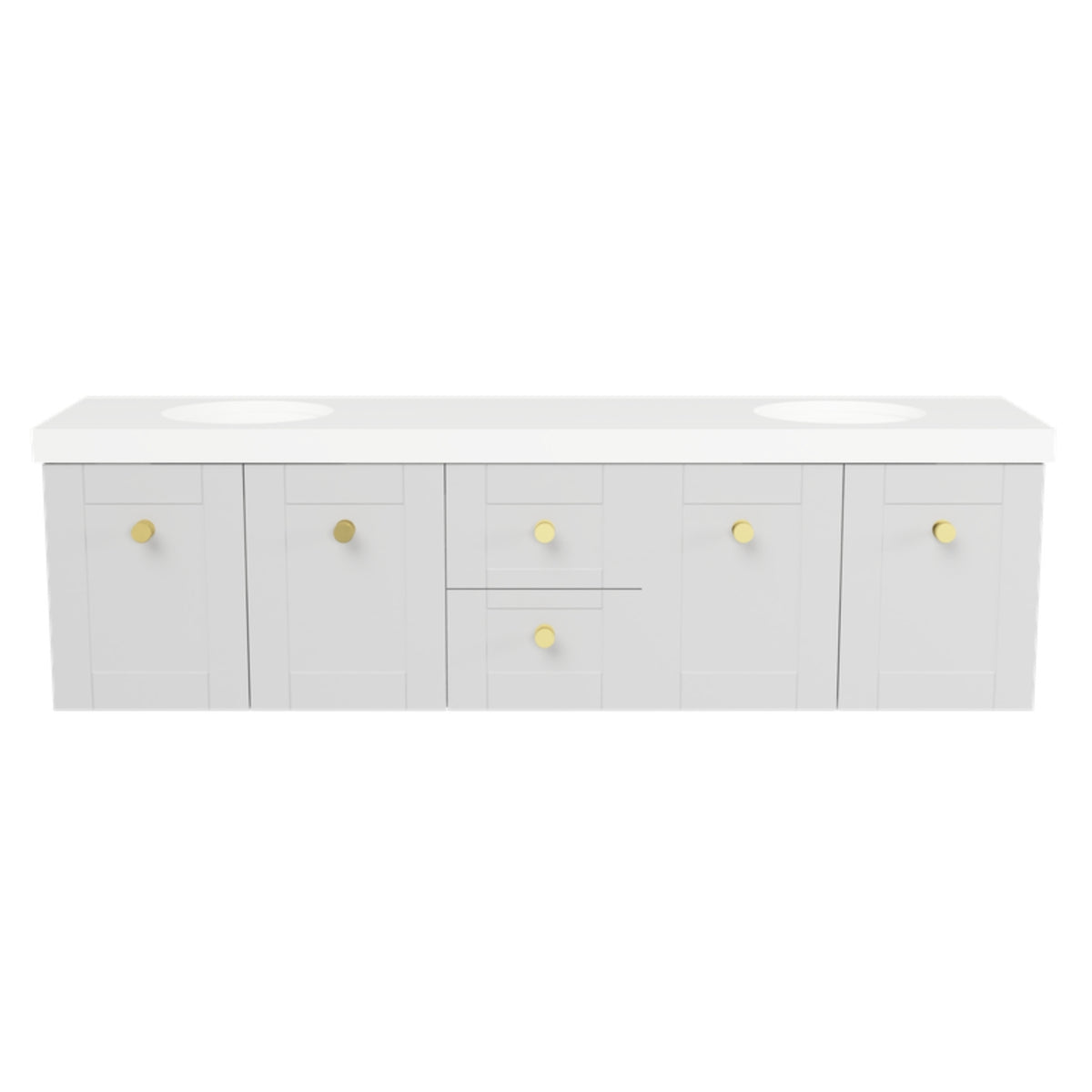 Timberline Victoria wall hung vanity in light grey with white benchtop, shaker-style doors and brass knobs, front view