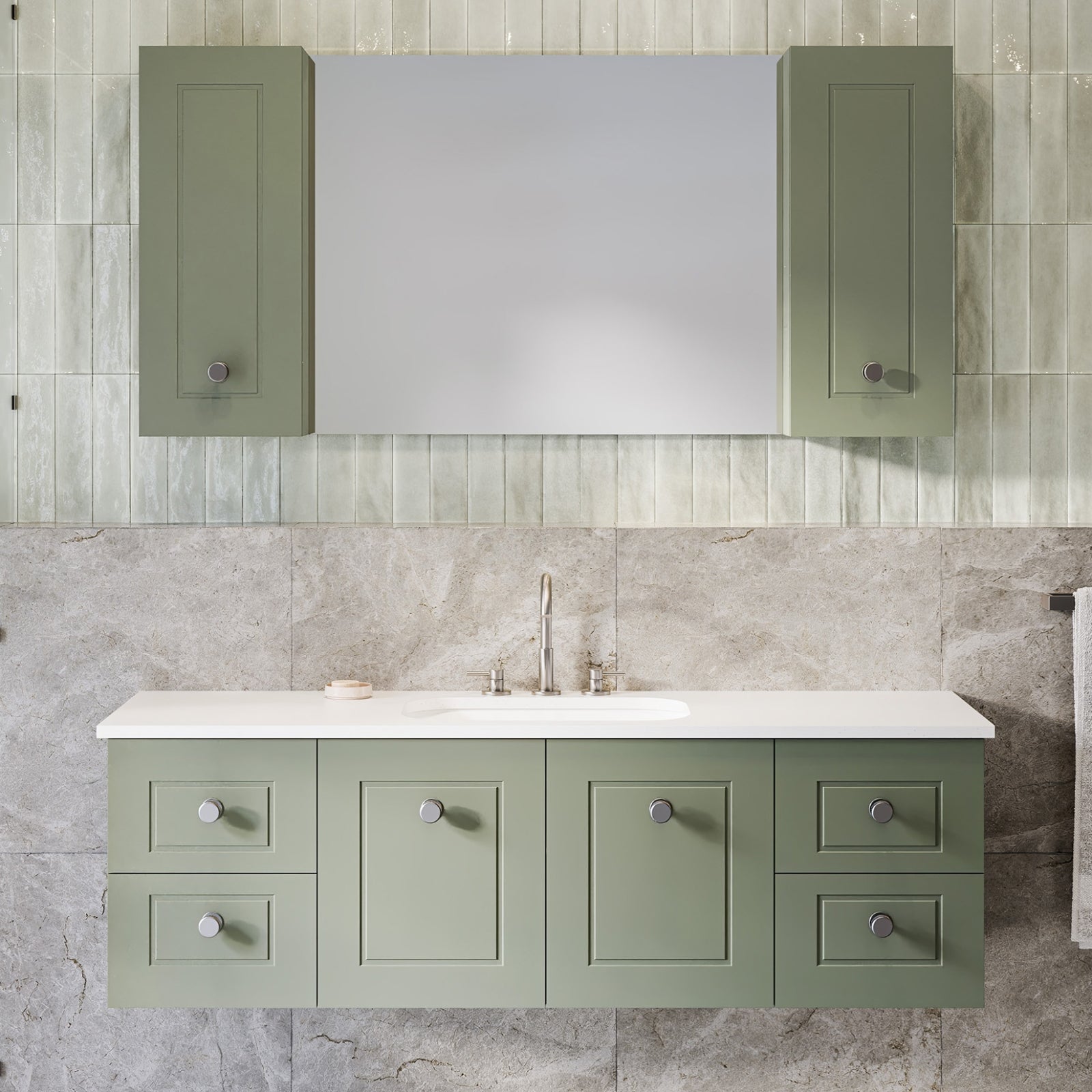 Timberline Victoria wall hung vanity in sage green with white Silksurface top and undercounter basin in bathroom setting