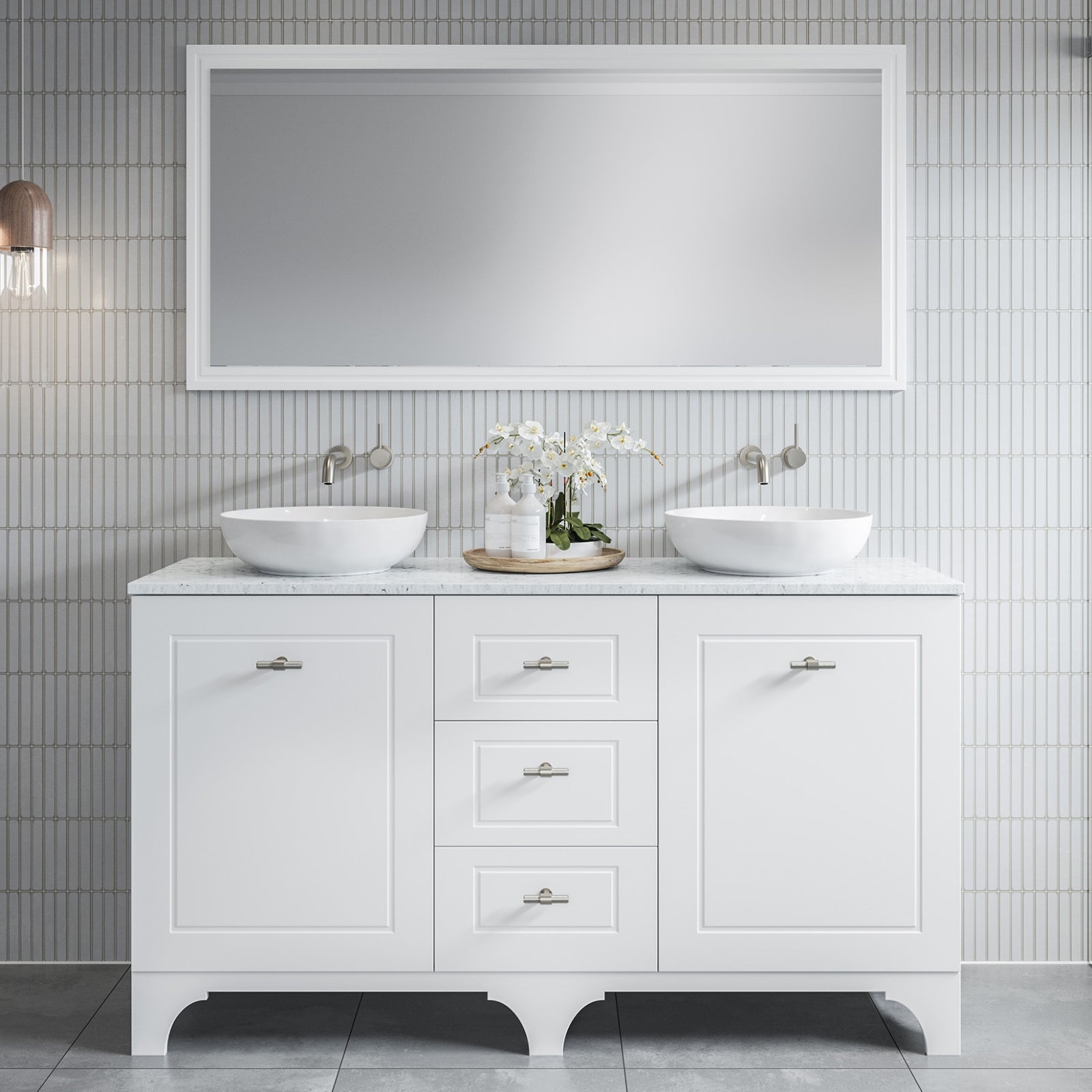 Timberline Windsor freestanding vanity in white satin with Silk Surface top, twin basin bowls and brushed nickel handles
