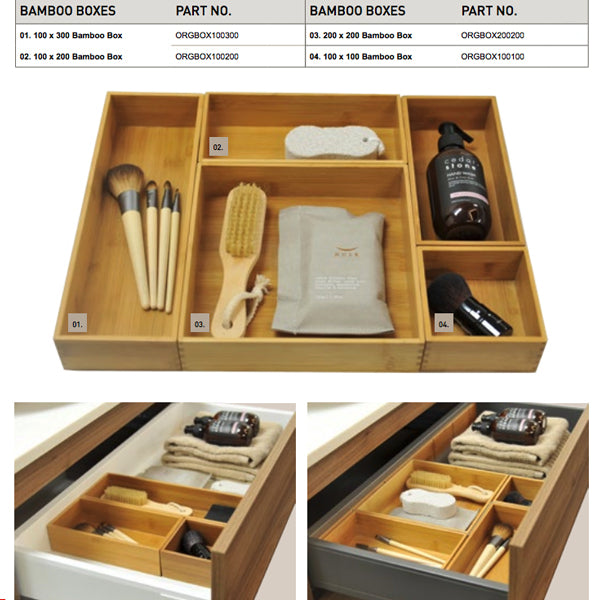 Timberline Bamboo Box modular drawer organiser set in warm natural finish, shown with vanity items in a bathroom drawer