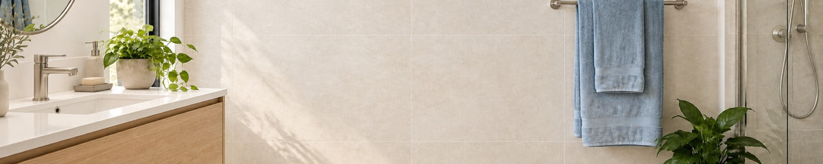 Warm oak vanity, pale stone-look tiles and brushed nickel fittings in an inviting bathroom.