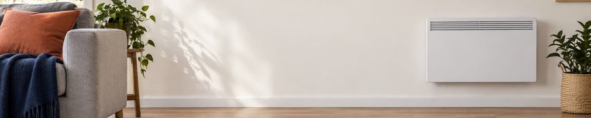 Comfortable living room with a slim wall-mounted panel heater.