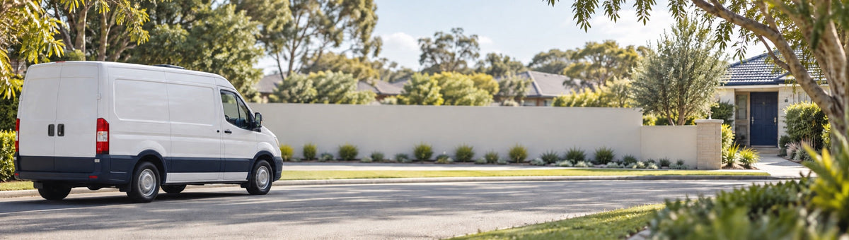 An unbranded courier van with realistic rear door handles travelling along a leafy Australian suburban street.