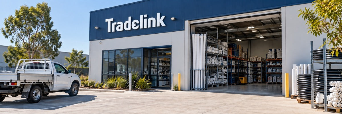 Tradelink store exterior with branded building signage and a ute outside.