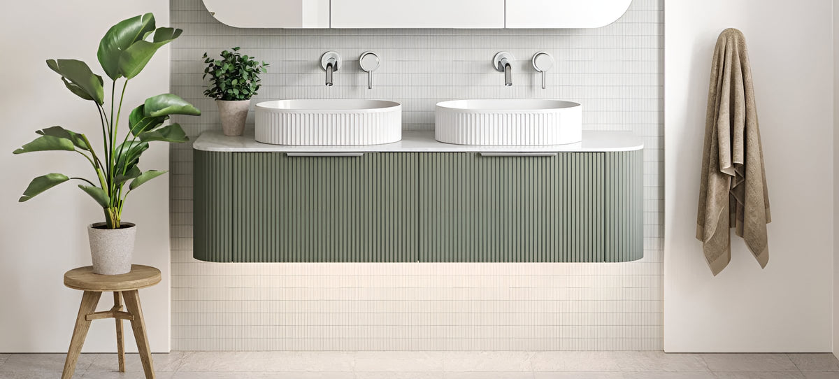 Sage fluted vanity with twin basins and indoor plant