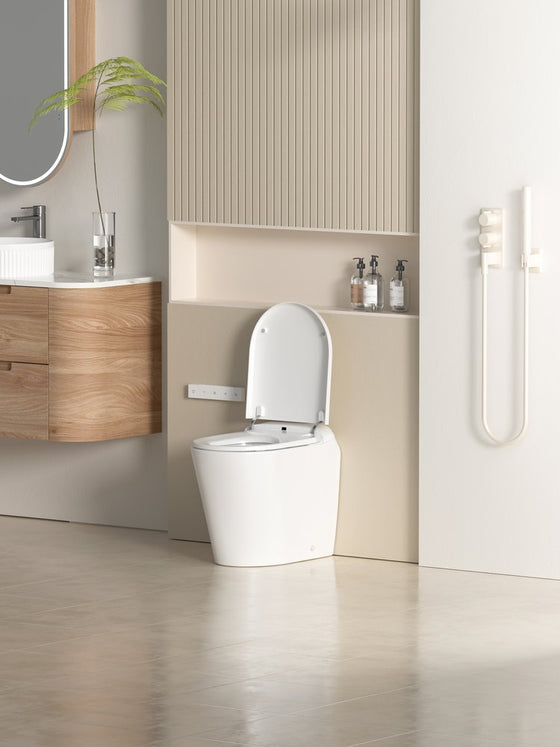 Lafeme Autolux smart toilet in a timber and plaster bathroom