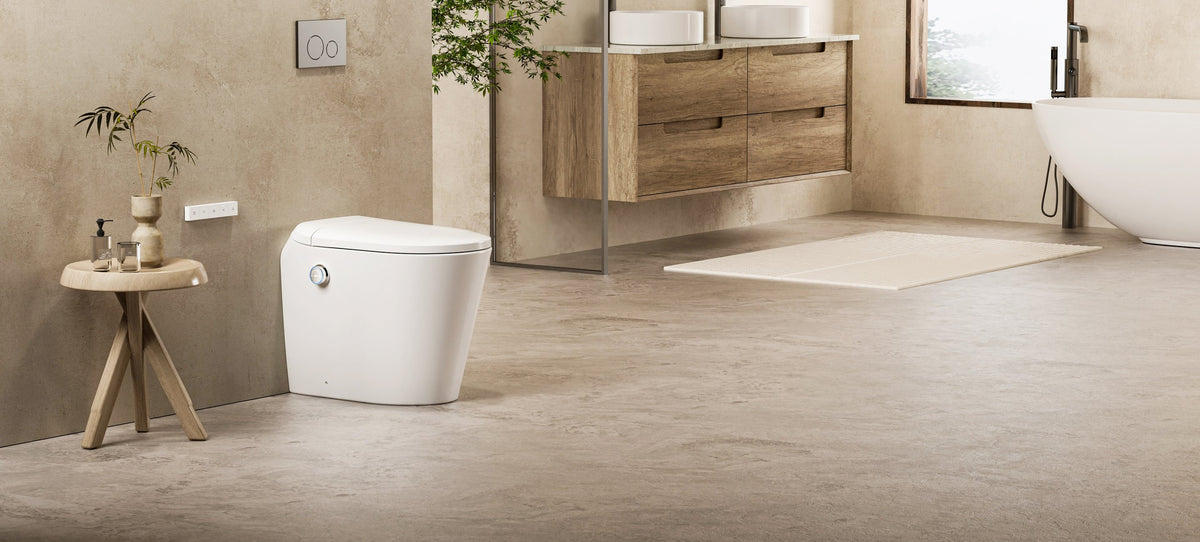 Lafeme Autolux smart toilet in a timber and plaster bathroom