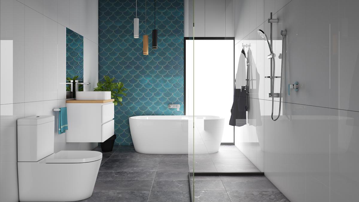 Bathroom with aqua feature tiles, freestanding bath, white wall hung vanity and Raymor fittings