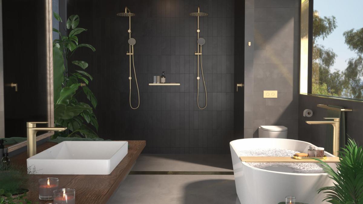 Black tiled bathroom with Caroma Urbane II brushed brass bath filler and double towel rail