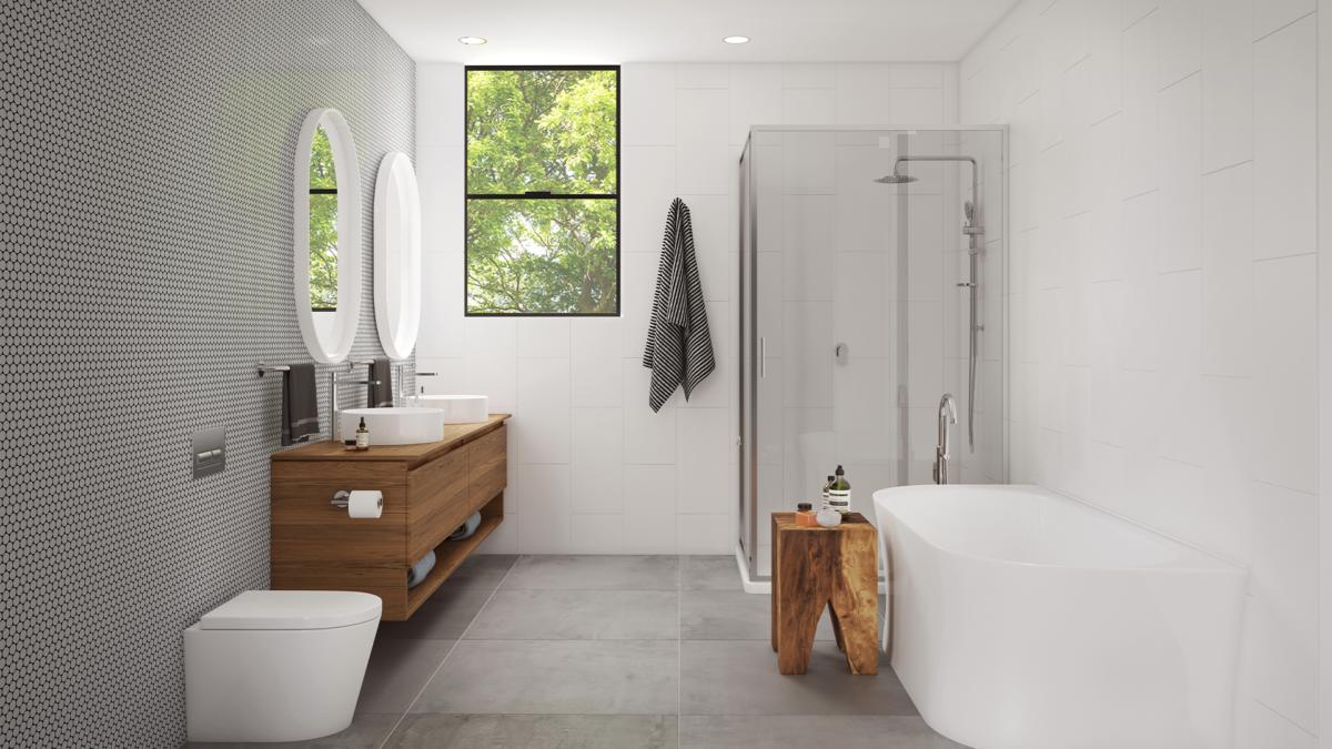 Contemporary family bathroom with back to wall bath, semi frameless shower and Raymor chrome fittings