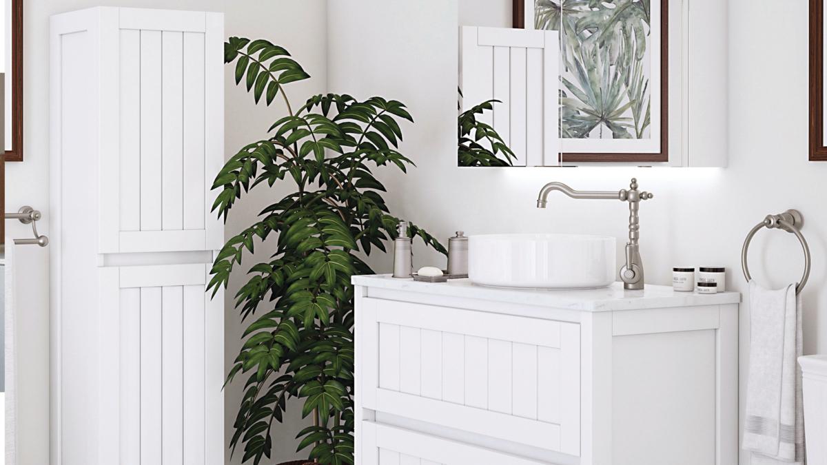Hamptons style bathroom with white panelled vanity, round basin and Phoenix Nostalgia chrome accessories