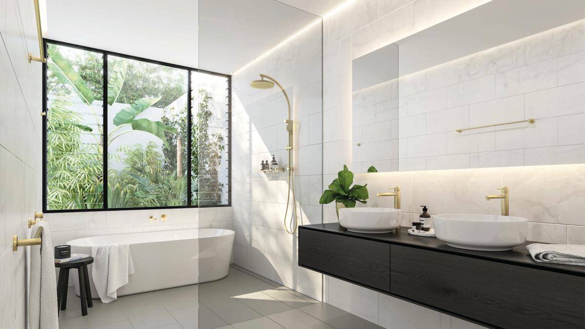 White and marble bathroom with Phoenix Vivid brushed gold shower, black vanity and Oliveri Naples basin