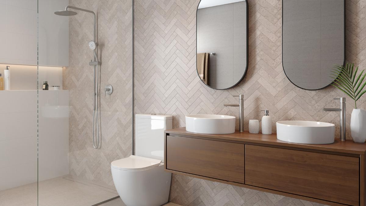 Timber vanity with round basins, brushed nickel tapware and Raymor Winton toilet suite