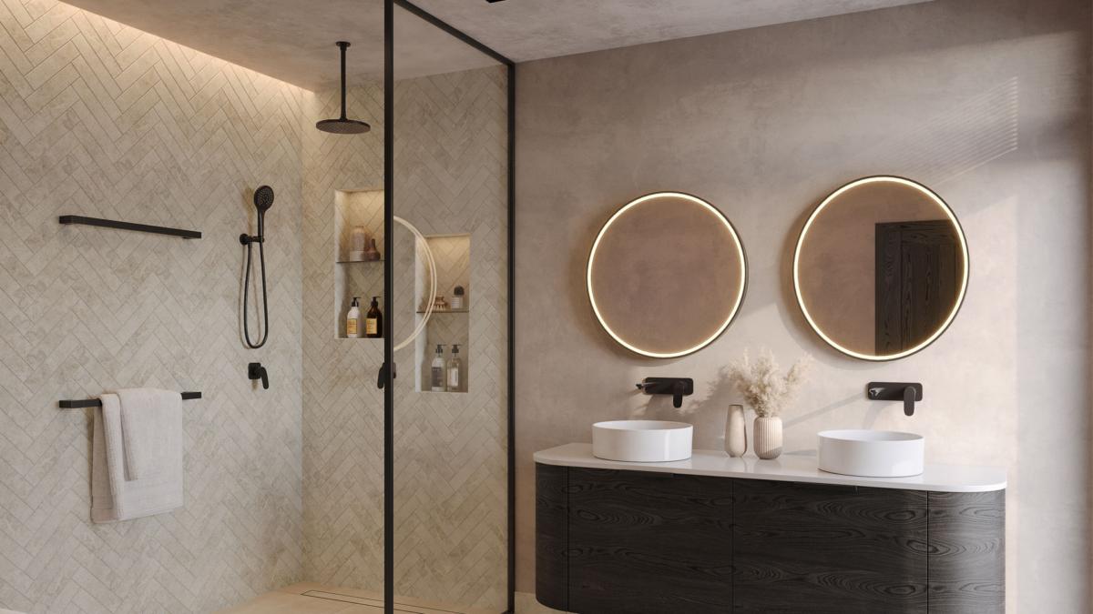 White bathroom with Raymor Winton black rail shower, timber vanity and round basin