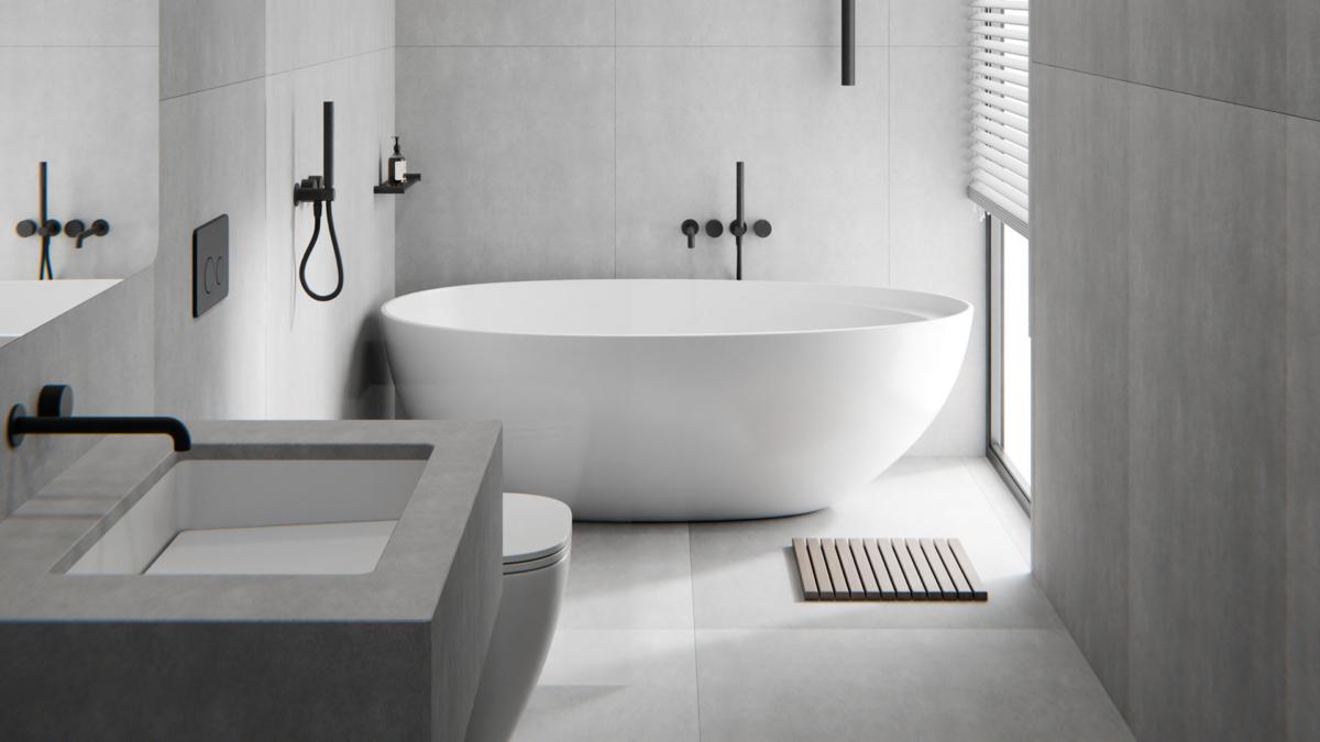 White bathroom with timber vanity, Nero Kara matte black shower system and Mecca shower shelf